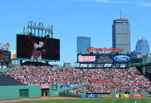 BOSTON MASSACHUSETTS, USA - July 6, 2014: View of the center field bleachers and Back Bay skyline during a Boston Red Sox game at Fenay Park on July 6, 2014.